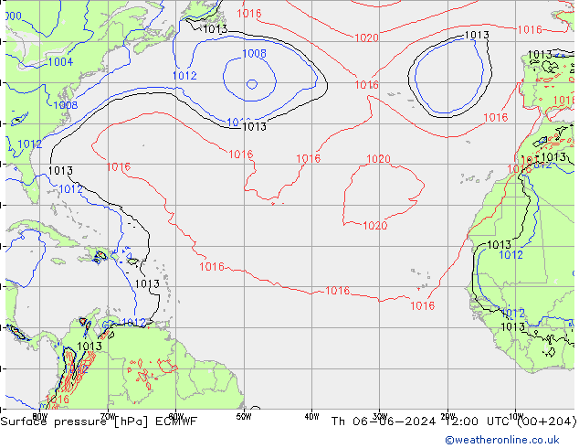 Atmosférický tlak ECMWF Čt 06.06.2024 12 UTC