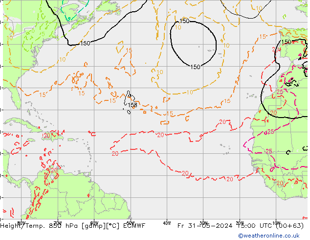 Height/Temp. 850 hPa ECMWF Fr 31.05.2024 15 UTC