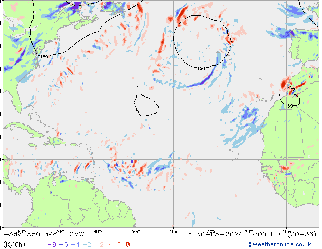 T-Adv. 850 hPa ECMWF Th 30.05.2024 12 UTC