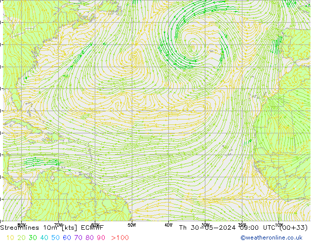 Línea de corriente 10m ECMWF jue 30.05.2024 09 UTC