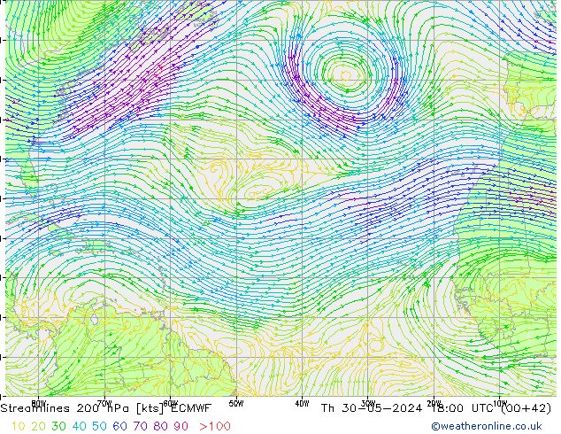 Linha de corrente 200 hPa ECMWF Qui 30.05.2024 18 UTC