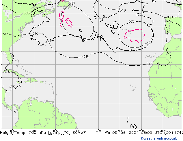 Height/Temp. 700 hPa ECMWF We 05.06.2024 06 UTC