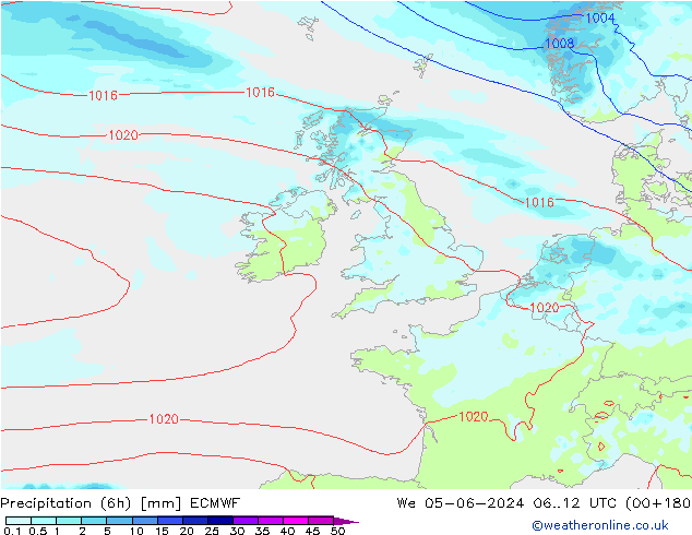 Precipitation (6h) ECMWF We 05.06.2024 12 UTC