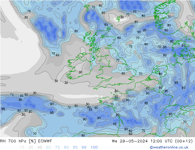 RH 700 hPa ECMWF We 29.05.2024 12 UTC