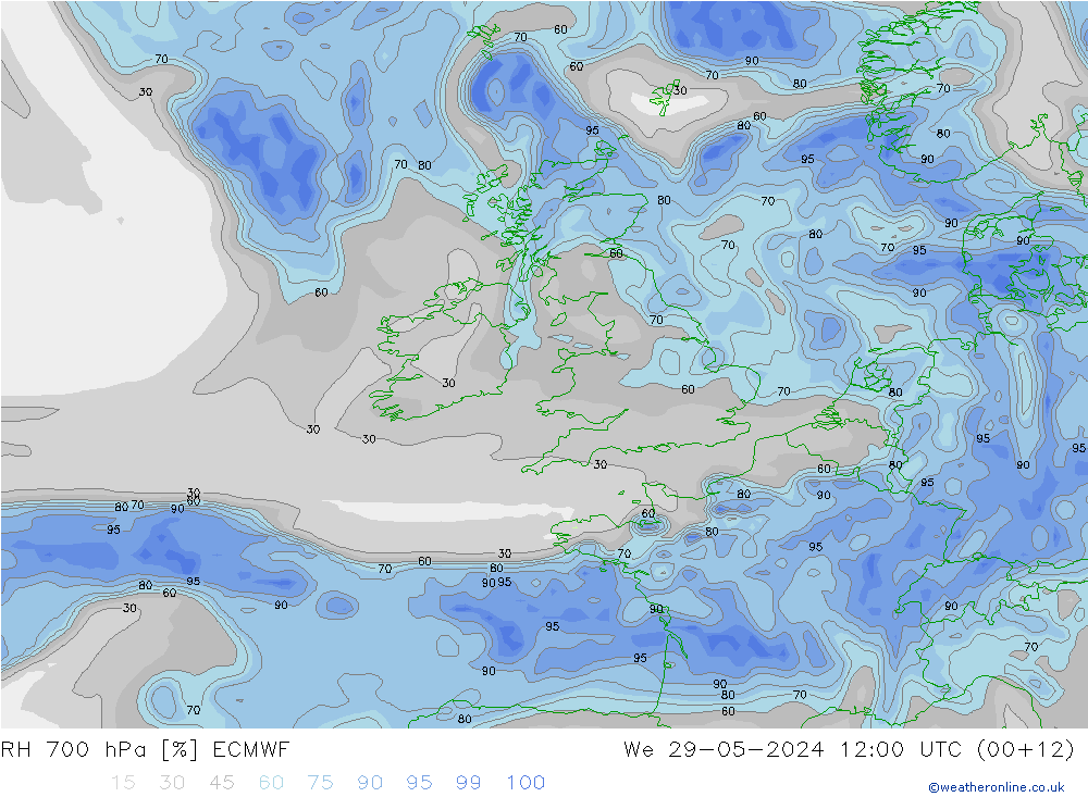 RH 700 hPa ECMWF Mi 29.05.2024 12 UTC