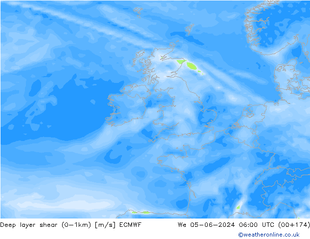 Deep layer shear (0-1km) ECMWF Qua 05.06.2024 06 UTC