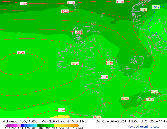 Espesor 700-1000 hPa ECMWF dom 02.06.2024 18 UTC