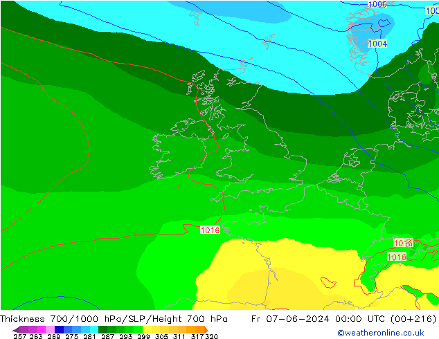 Schichtdicke 700-1000 hPa ECMWF Fr 07.06.2024 00 UTC