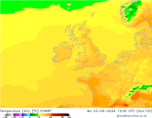 mapa temperatury (2m) ECMWF pon. 03.06.2024 12 UTC