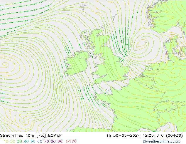 Streamlines 10m ECMWF Th 30.05.2024 12 UTC