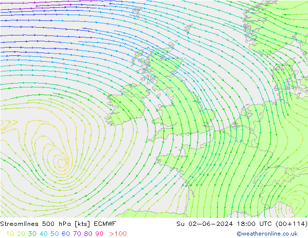 Línea de corriente 500 hPa ECMWF dom 02.06.2024 18 UTC