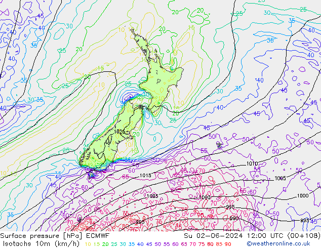 Isotachs (kph) ECMWF Ne 02.06.2024 12 UTC