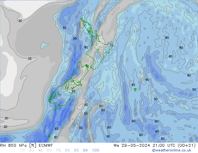 RH 850 hPa ECMWF Qua 29.05.2024 21 UTC