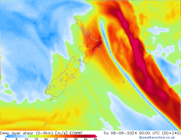 Deep layer shear (0-6km) ECMWF Sa 08.06.2024 00 UTC