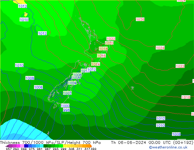 Thck 700-1000 hPa ECMWF czw. 06.06.2024 00 UTC