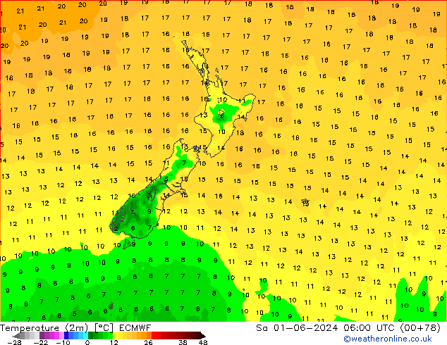 Temperaturkarte (2m) ECMWF Sa 01.06.2024 06 UTC