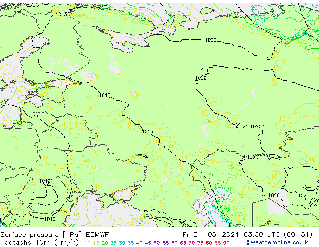 Isotachs (kph) ECMWF пт 31.05.2024 03 UTC