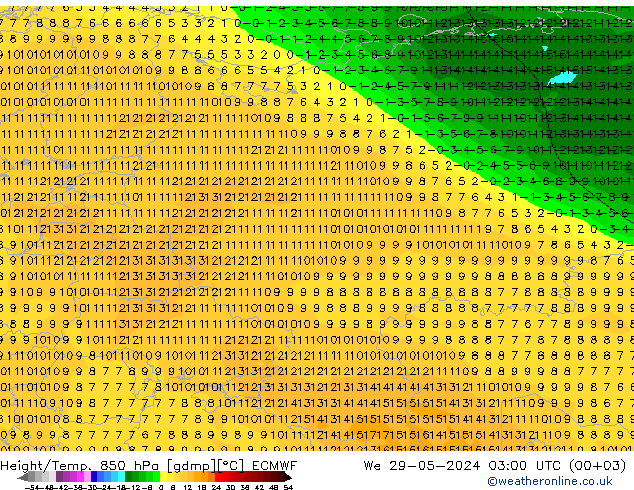 Height/Temp. 850 hPa ECMWF śro. 29.05.2024 03 UTC