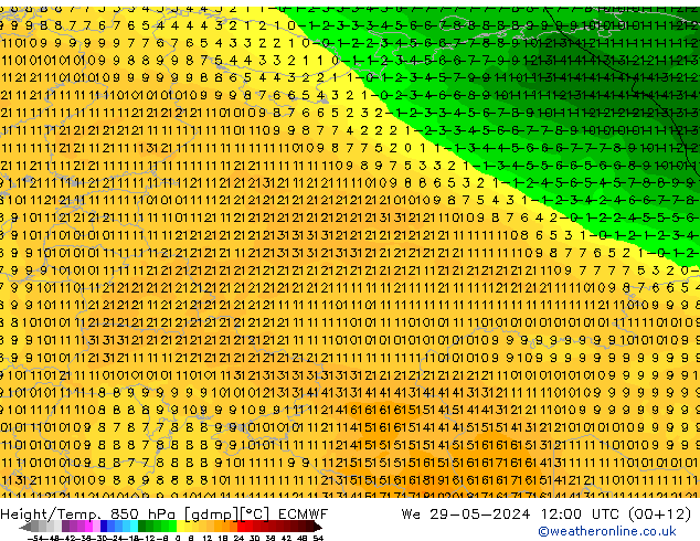 Z500/Rain (+SLP)/Z850 ECMWF mer 29.05.2024 12 UTC