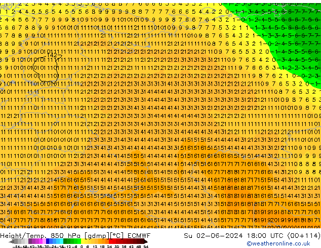 Height/Temp. 850 hPa ECMWF Su 02.06.2024 18 UTC