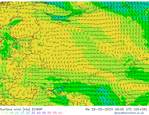 Prec 6h/Wind 10m/950 ECMWF  29.05.2024 06 UTC