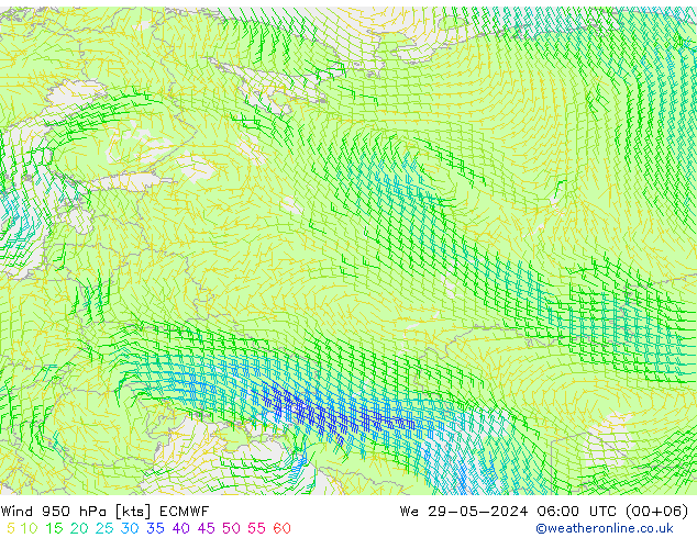 Prec 6h/Wind 10m/950 ECMWF  29.05.2024 06 UTC