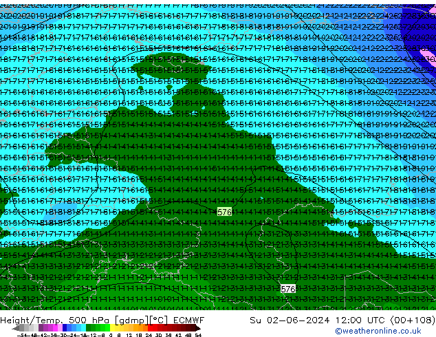 Height/Temp. 500 hPa ECMWF Su 02.06.2024 12 UTC