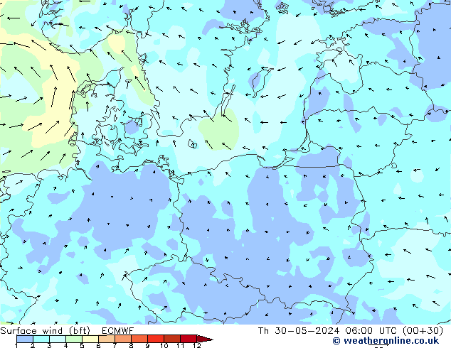 Surface wind (bft) ECMWF Čt 30.05.2024 06 UTC