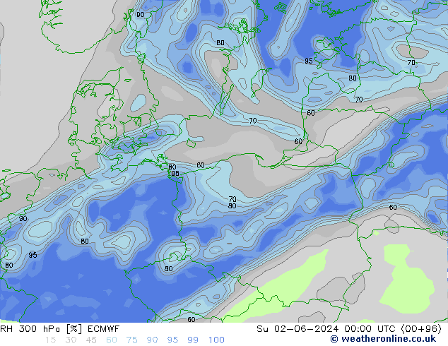 Humidité rel. 300 hPa ECMWF dim 02.06.2024 00 UTC