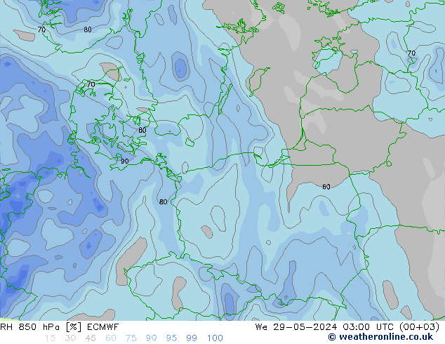 Humedad rel. 850hPa ECMWF mié 29.05.2024 03 UTC