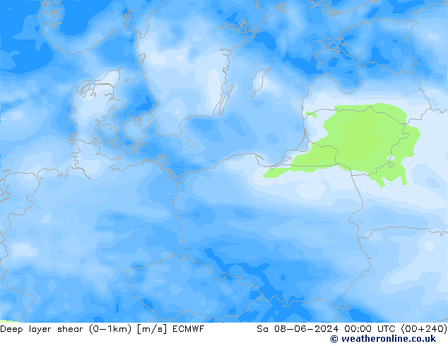 Deep layer shear (0-1km) ECMWF  08.06.2024 00 UTC