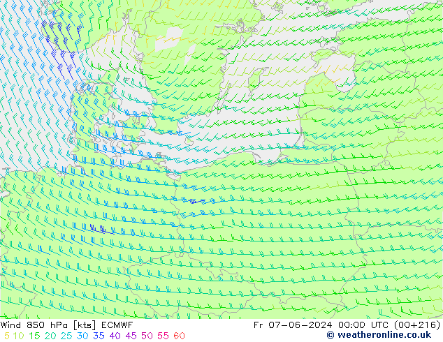 Wind 850 hPa ECMWF Fr 07.06.2024 00 UTC