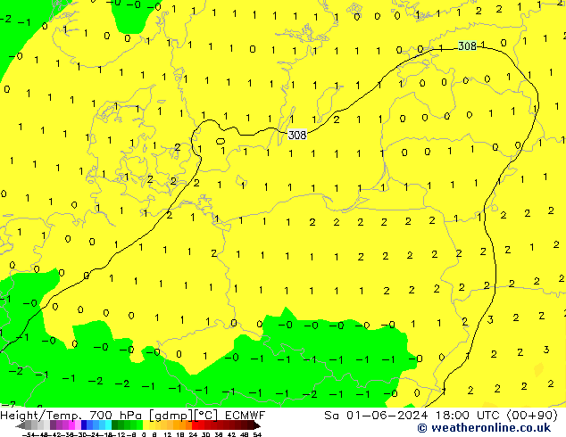 Height/Temp. 700 hPa ECMWF Sa 01.06.2024 18 UTC