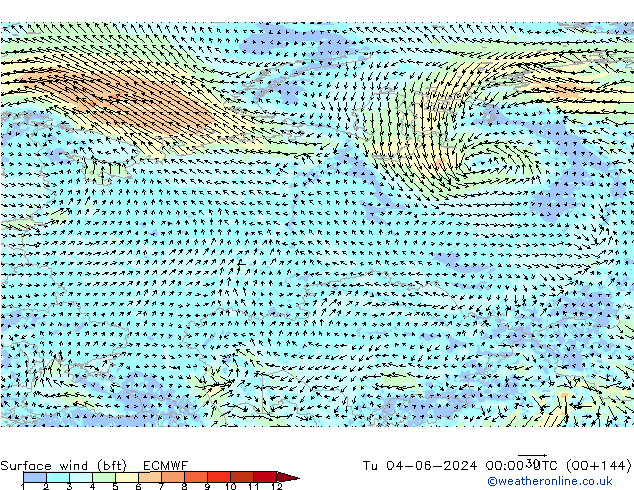 Vent 10 m (bft) ECMWF mar 04.06.2024 00 UTC