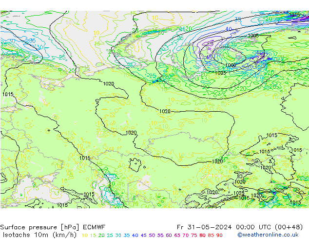 Isotaca (kph) ECMWF vie 31.05.2024 00 UTC