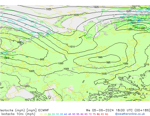 Isotachs (mph) ECMWF mer 05.06.2024 18 UTC