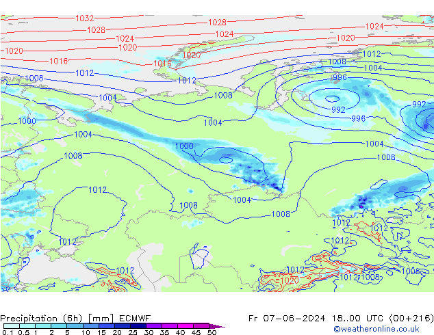 Z500/Rain (+SLP)/Z850 ECMWF пт 07.06.2024 00 UTC