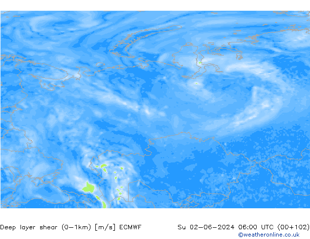 Deep layer shear (0-1km) ECMWF Su 02.06.2024 06 UTC