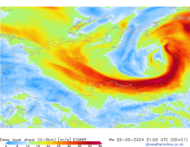 Deep layer shear (0-6km) ECMWF Çar 29.05.2024 21 UTC