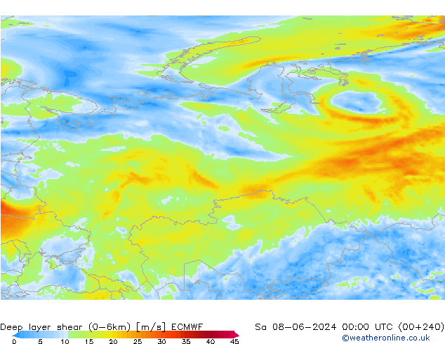 Deep layer shear (0-6km) ECMWF Sa 08.06.2024 00 UTC