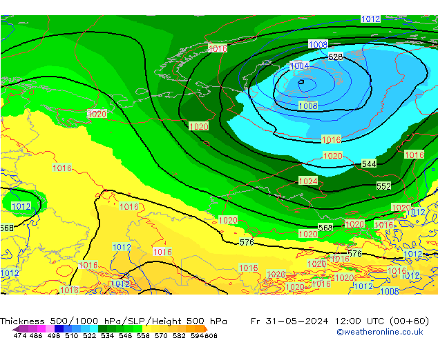 Thck 500-1000hPa ECMWF Fr 31.05.2024 12 UTC