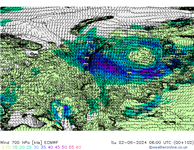 Wind 700 hPa ECMWF Su 02.06.2024 06 UTC