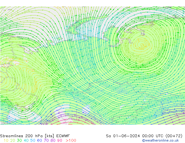 Linha de corrente 200 hPa ECMWF Sáb 01.06.2024 00 UTC