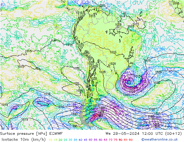 Isotachs (kph) ECMWF mer 29.05.2024 12 UTC