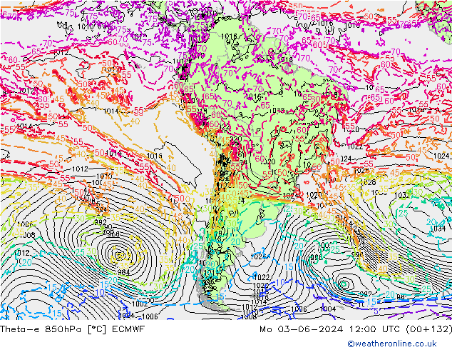 Theta-e 850hPa ECMWF pon. 03.06.2024 12 UTC