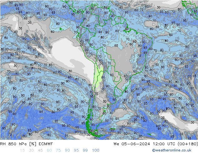 Humidité rel. 850 hPa ECMWF mer 05.06.2024 12 UTC