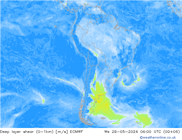 Deep layer shear (0-1km) ECMWF śro. 29.05.2024 06 UTC