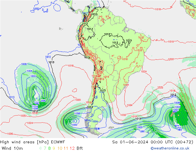 High wind areas ECMWF сб 01.06.2024 00 UTC