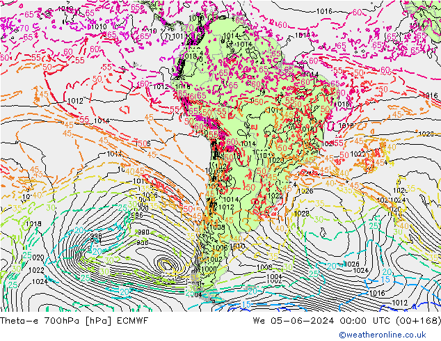 Theta-e 700hPa ECMWF mer 05.06.2024 00 UTC