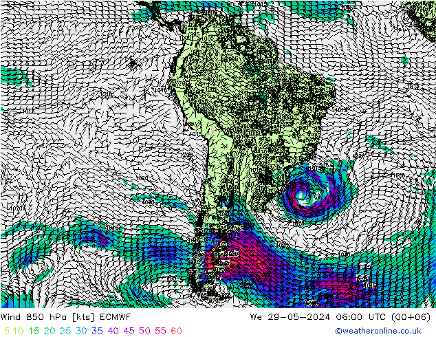 wiatr 850 hPa ECMWF śro. 29.05.2024 06 UTC